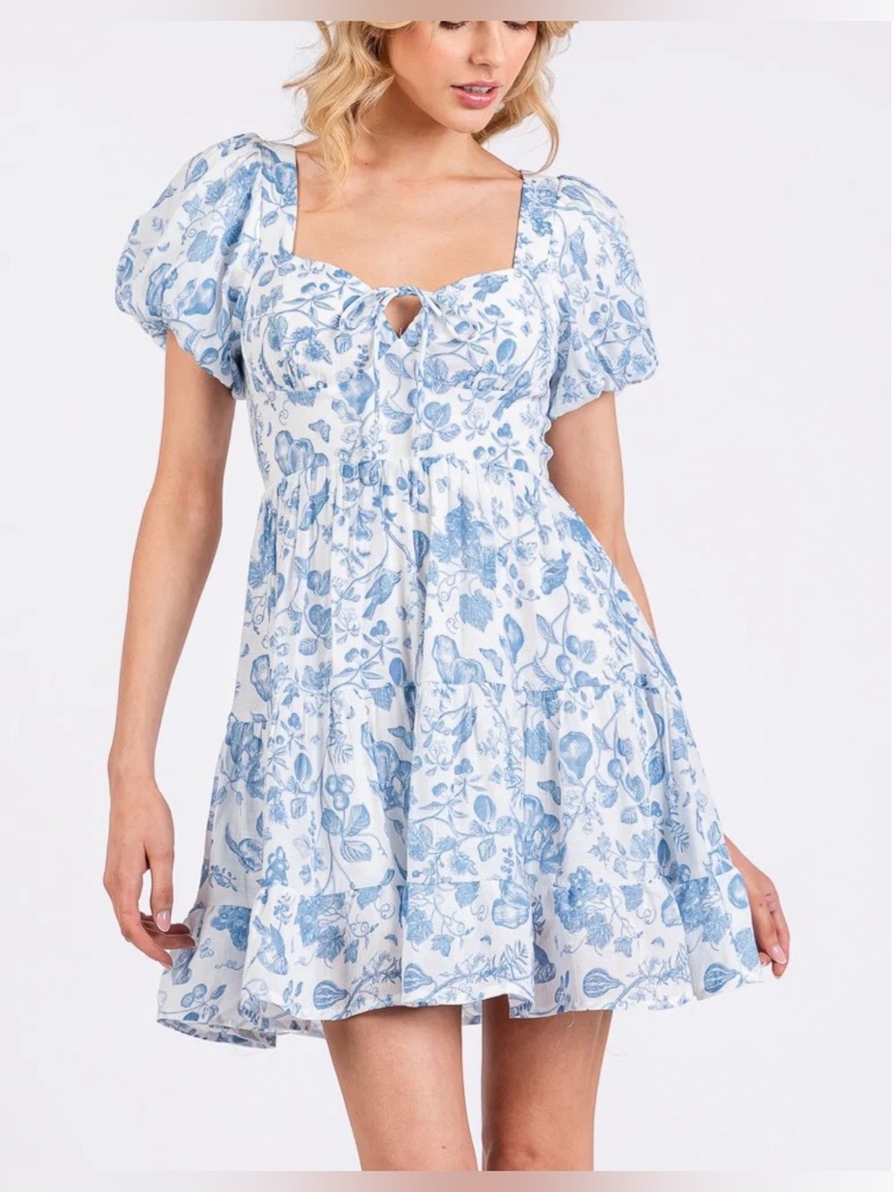 The Vintage Shop Blue & White Floral Tie-Front Puff-Sleeve Mini size s